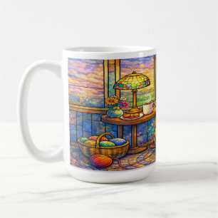 Tasse Grand-mère en vitrail tricotant avec un chat