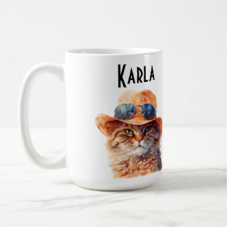 Tasse heeft een roestkattenkoffie met hoed en bril koffiemok