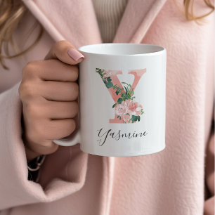 Tasse initiale à aquarelle florale - Y