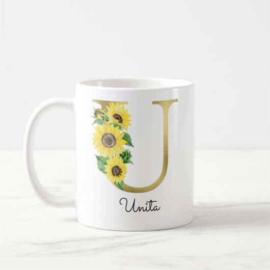 Tasse initiale de tournesol floral or monogrammé U (Gauche)