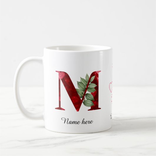Tasse initiale florale à cœur rouge élégant M (Gauche)