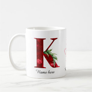 Tasse initiale lettre K florale à cœur rouge éléga