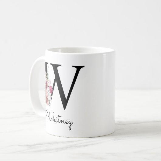Tasse initiale rose Boho fleuri Monogramme W Café  (Devant gauche)