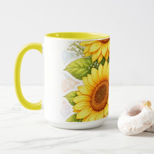 Tasse jaune tournesol – Cadeau floral pour elle (Avec donut)
