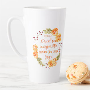 Tasse Latte 1 Pierre 5:7 Écriture Biblique Florale Orange