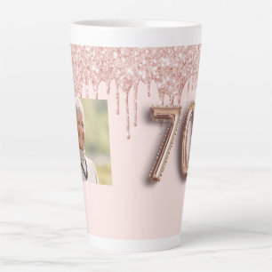 Tasse Latte 70e anniversaire photo rose gouttes rose or