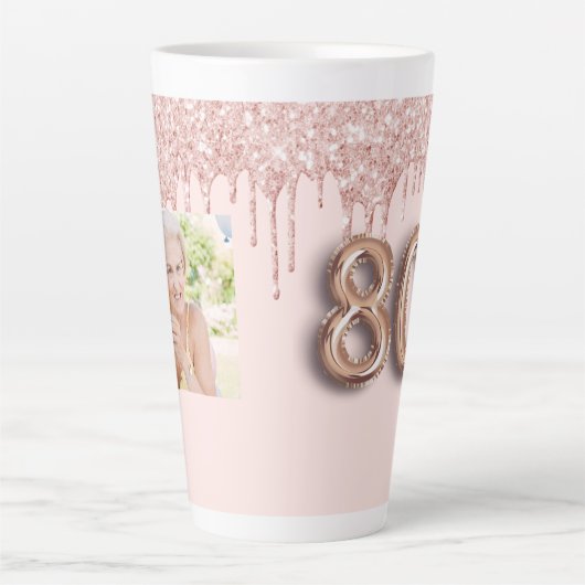 Tasse Latte 80e anniversaire photo rose or parties scintillant (Devant)