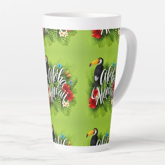Tasse Latte Aloha Hawaii Fleurs Feuillage Papillons Jaune (Angle droit)
