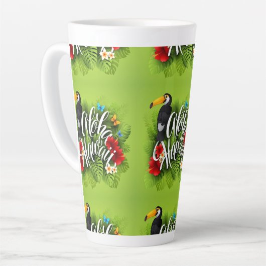 Tasse Latte Aloha Hawaii Fleurs Feuillage Papillons Jaune (Angle gauche)