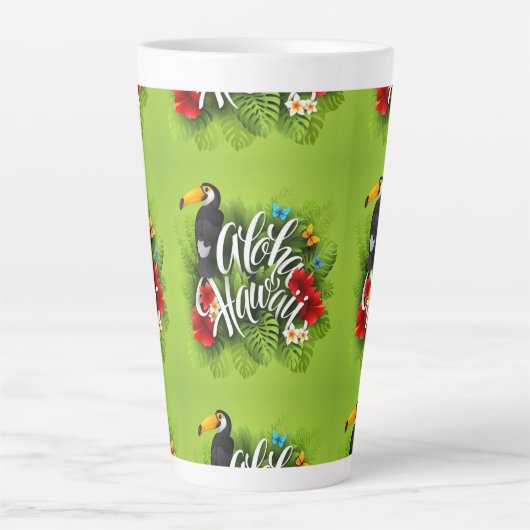 Tasse Latte Aloha Hawaii Fleurs Feuillage Papillons Jaune (Devant)