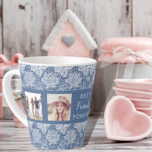 Tasse Latte Amis photo collage bleu dentelle denim