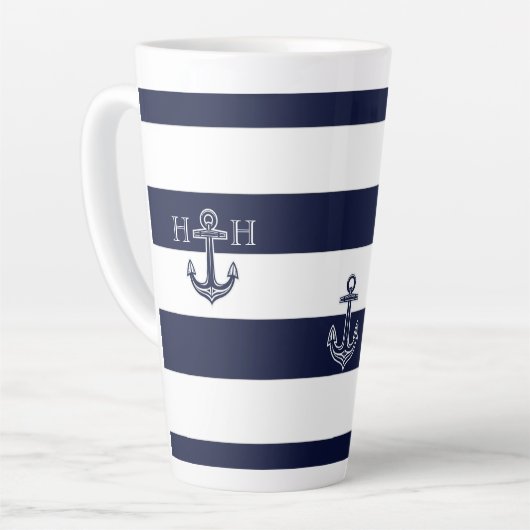 Tasse Latte Ancre Bleue marine côtière Monogramme Café (Angle gauche)