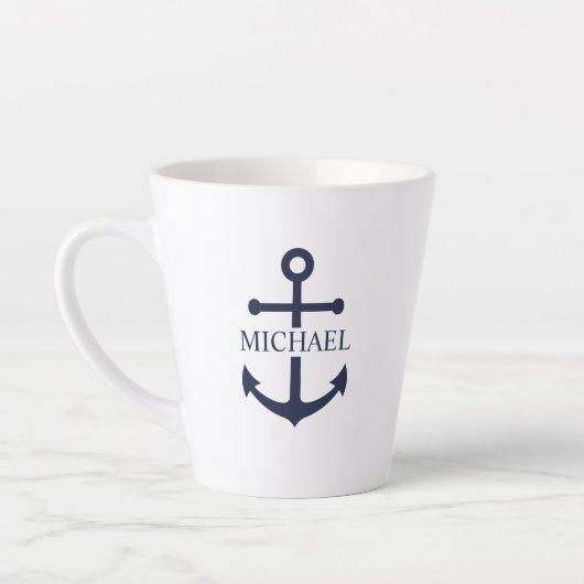 Tasse Latte Ancre bleue marine Nom personnalisé (Gauche)