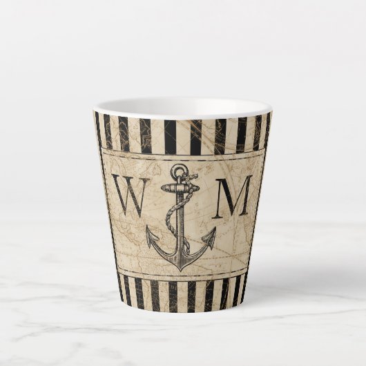 Tasse Latte Ancre nautique Carte du Monogramme noir (Devant)