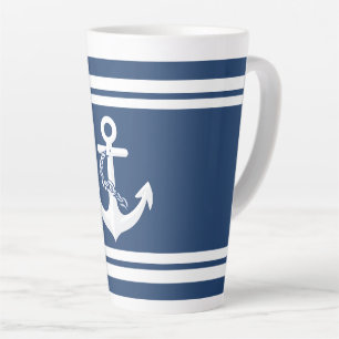 Tasse Latte Ancre nautique voile nautisme blanc bleu marine
