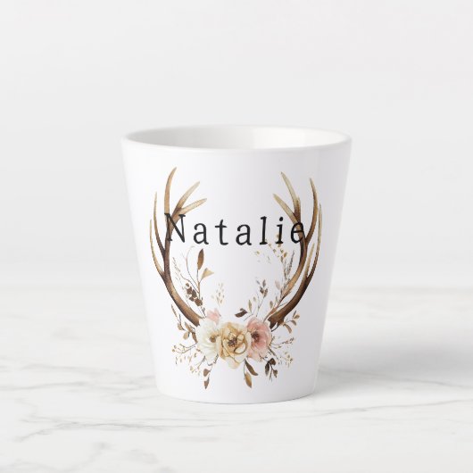 Tasse Latte Antlers de Cerfs Floraux Roses Blanches Personnali (Devant)