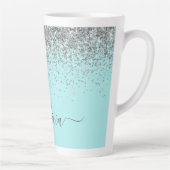 Tasse Latte Aqua Bleu Turquoise Argent Pailleté Monogramme (Droite)