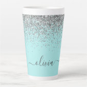 Tasse Latte Aqua Bleu Turquoise Argent Paillettes Monogramme (Devant)