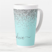 Tasse Latte Aqua Blue Teal Argent Paillettes Monogramme (Angle droit)