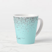 Tasse Latte Aqua Blue Turquoise Argent Pailleté Monogramme (Angle droit)