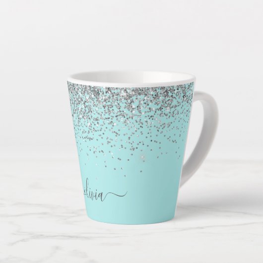 Tasse Latte Aqua Blue Turquoise Argent Pailleté Monogramme (Angle droit)
