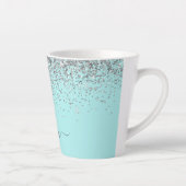 Tasse Latte Aqua Blue Turquoise Argent Pailleté Monogramme (Droite)