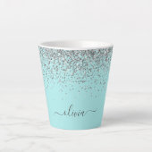 Tasse Latte Aqua Blue Turquoise Argent Pailleté Monogramme (Devant)