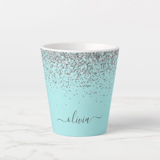 Tasse Latte Aqua Blue Turquoise Argent Pailleté Monogramme (Devant)