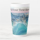 Tasse Latte Aquarelle Bleu Blanc Océan Vague Personnalisée Nom (Devant)