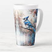 Tasse Latte Aquarelle bleu Jay Cherry Blossoms (Angle droit)