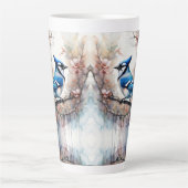 Tasse Latte Aquarelle bleu Jay Cherry Blossoms (Devant)