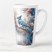 Tasse Latte Aquarelle bleu Jay Cherry Blossoms (Droite)