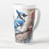 Tasse Latte Aquarelle bleu Jay Cherry Blossoms (Angle droit)