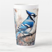 Tasse Latte Aquarelle bleu Jay Cherry Blossoms (Devant)