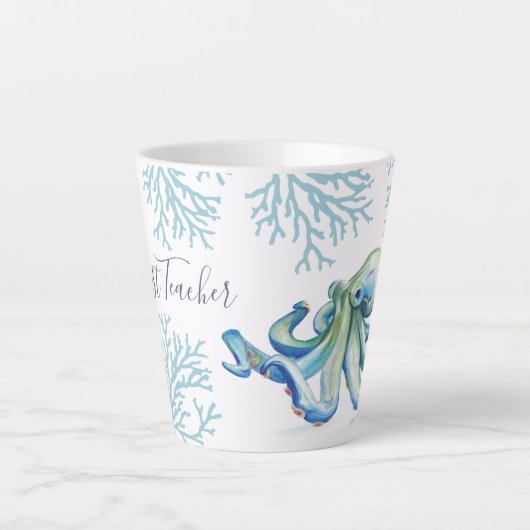 Tasse Latte Aquarelle bleu Witty Octopus Coastal (Devant)
