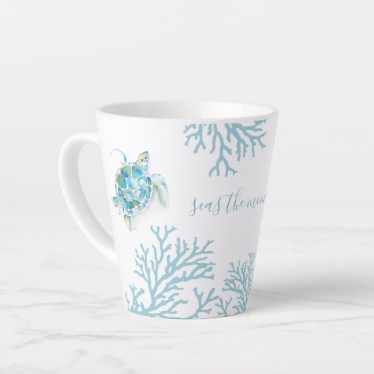 Tasse Latte Aquarelle bleue Tortue de mer (Angle gauche)