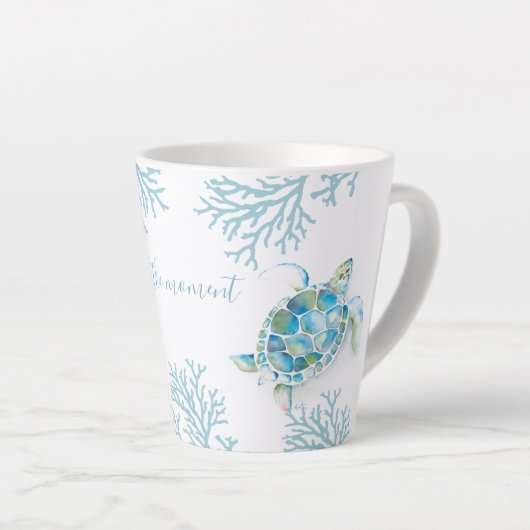 Tasse Latte Aquarelle bleue Tortue de mer (Angle droit)