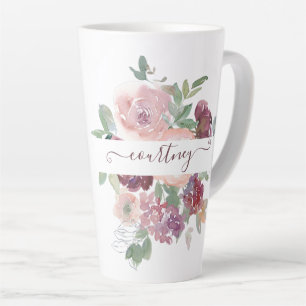 Tasse Latte Aquarelle Bourgogne et rose florale personnalisée