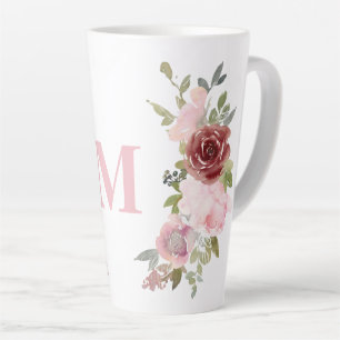 Tasse Latte Aquarelle initiale rose rose monogramme Floral