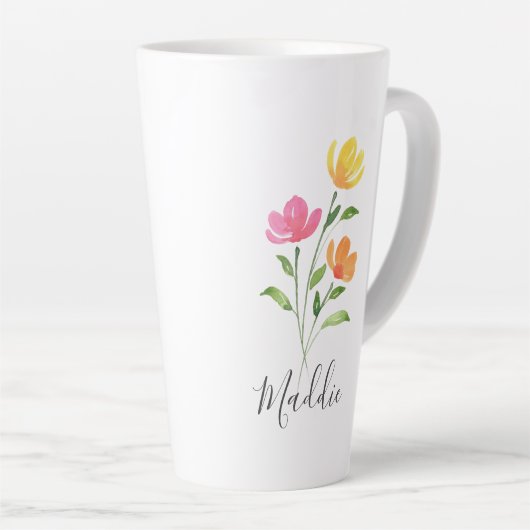Tasse Latte Aquarelle jaune orange rose tiges (Angle droit)