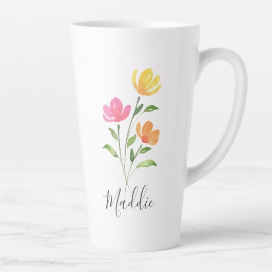 Tasse Latte Aquarelle jaune orange rose tiges (Droite)