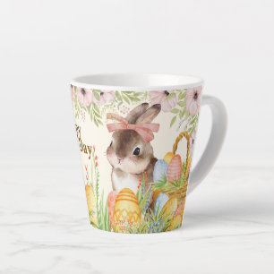 Tasse Latte Aquarelle Lapin floral avec noeud Jour de Pâques j