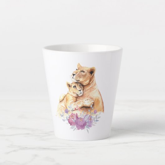 Tasse Latte Aquarelle mignonne Mère Lion & Cub (Devant)