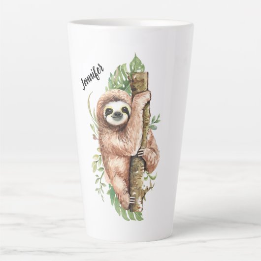 Tasse Latte Aquarelle mignonne Sloth & Feuilles tropicaux (Devant)