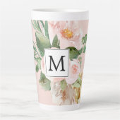 Tasse Latte Aquarelle moderne Fleurs roses Monogrammes (Devant)