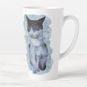 Tasse Latte Aquarelle Noir Et Blanc Chat Eaux Bleues