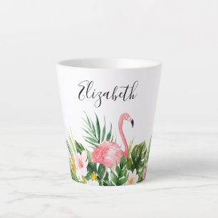 Tasse Latte Aquarelle Nom du Flamant rose floral tropical rose