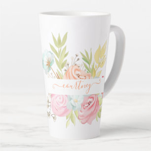 Tasse Latte Aquarelle orange et rose florale personnalisée