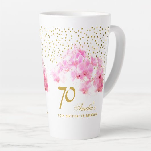 Tasse Latte Aquarelle rose orchidée Parties scintillant or 70e (Angle droit)