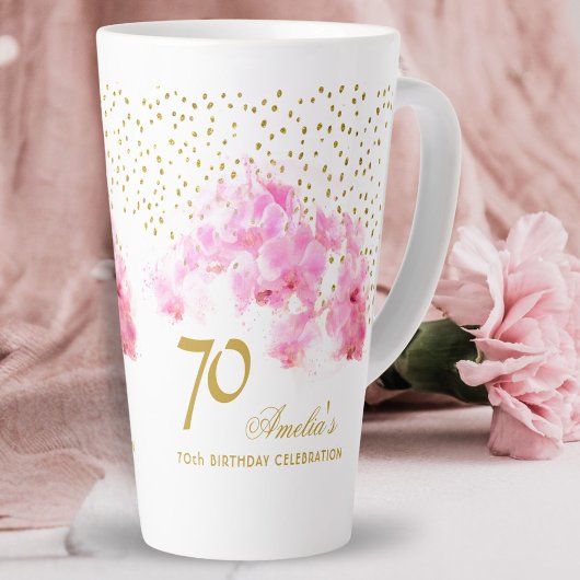 Tasse Latte Aquarelle rose orchidée Parties scintillant or 70e